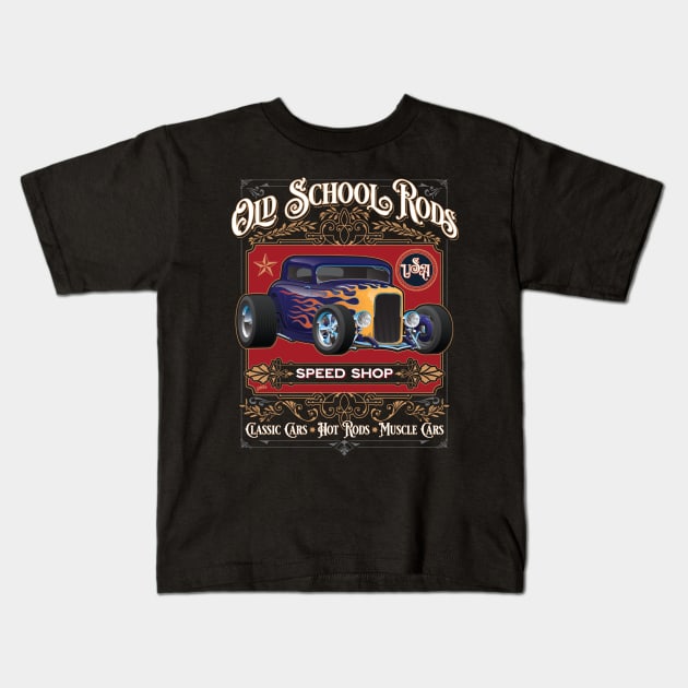 Old School Rods Speed Shop Vintage Style Hot Rod Car Design Kids T-Shirt by hobrath